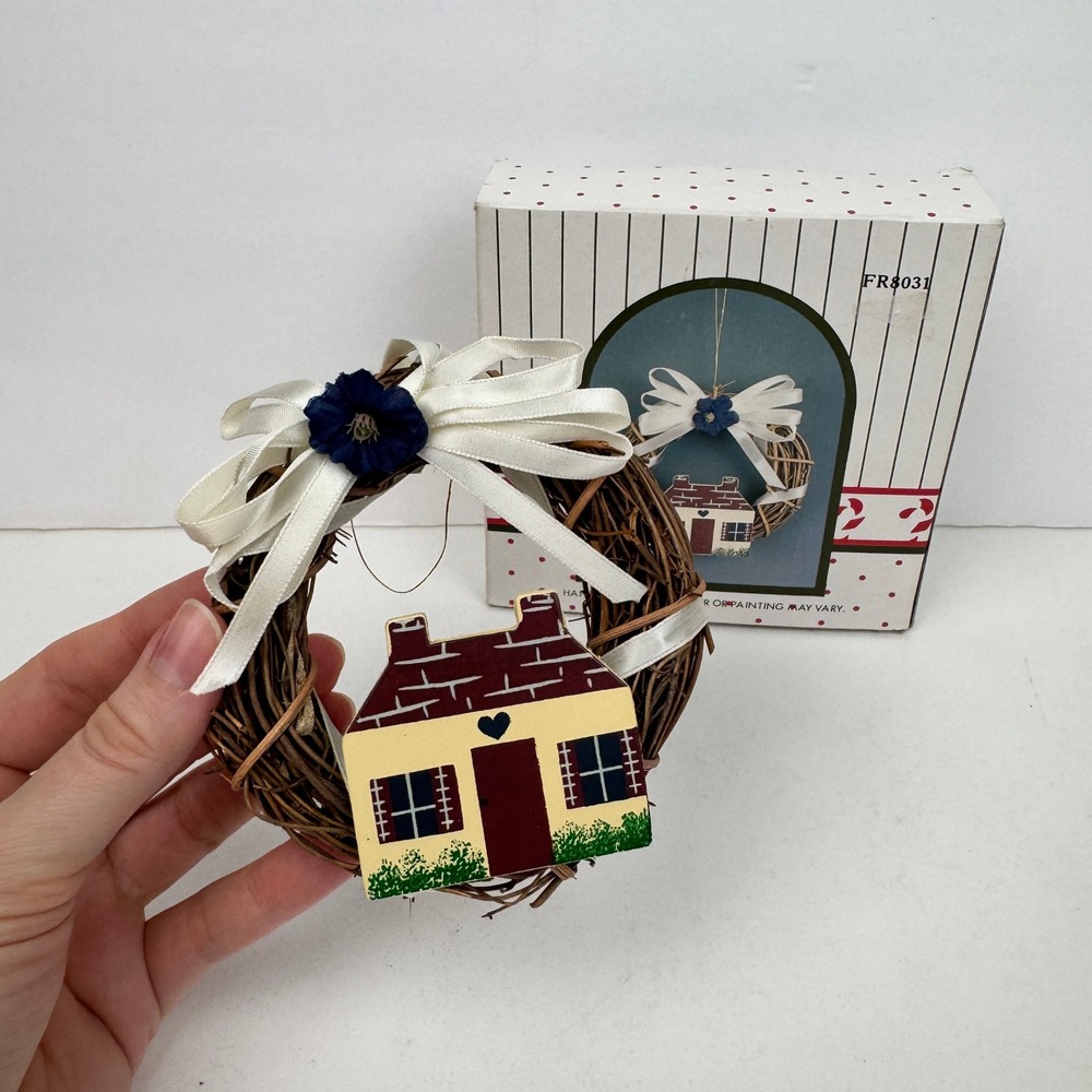 Vtg Rustic Mini Small Twig Wreath Cabin Ribbon Blue Flower Wang's International